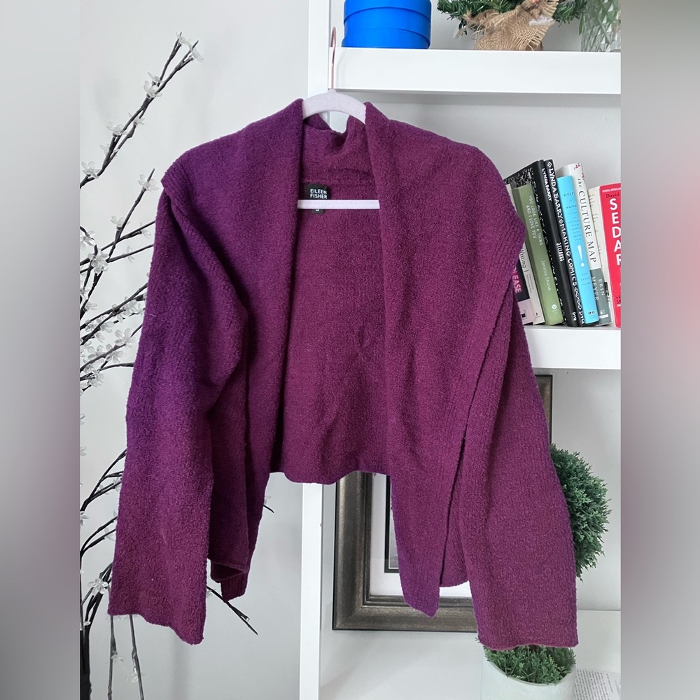 Eileen Fisher maroon boucle Wool hooded cardigan sweater size L